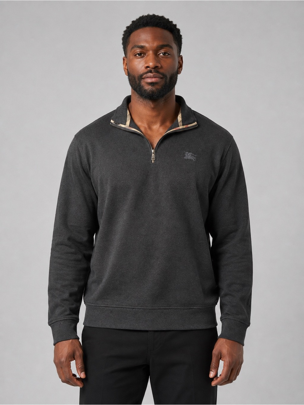 Burberry Brit Men's XXL Charcoal Gray Quarter-Zip Pullover Nova Check Trim